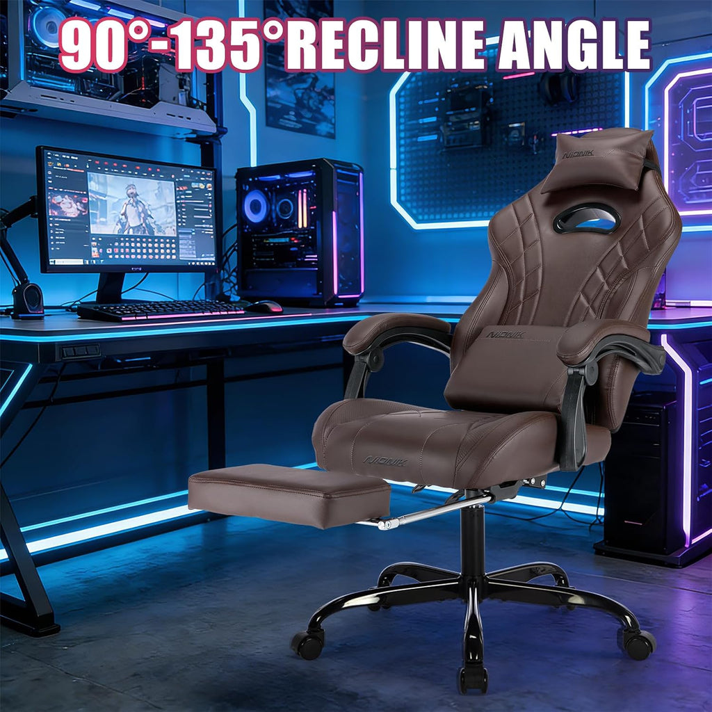 Gaming Chair with Footrest and Massage Lumbar Support, Ergonomic Computer Gamer Chair, Office Video Game Chairs with Adjustable Height and Backrest (Coffee) - Image 4