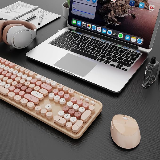 Wireless Keyboard and Mouse Combo, Ergonomic Full Size Typewriter Retro Round Keycaps Keyboard, Compatible with Windows, PC, Perfer for Home and Office Keyboards (Chocolate Color) - Image 8