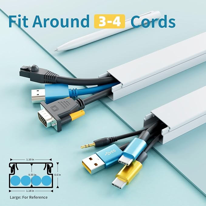 Delamu Cord Hider, 100in Self-Adhesive Cord Cover Kit for Wall Mounted TV, Paintable Wire Hider, Flexible Cable Management System, Cable Raceway Conceals 3-4 Wires, W1.18 H0.60in, White - Image 2