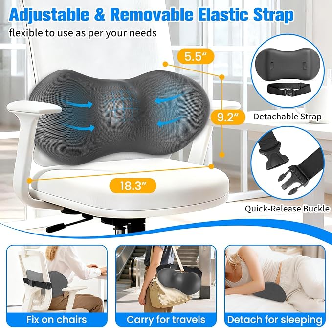 SweetSlubr Lumbar Support Pillow for Office Chair, Back Support, Gray | Memory Foam with Breathable Cover. Adjustable Strap Fits Office, Gaming & Car Chairs for Everyday Comfort. - Image 2