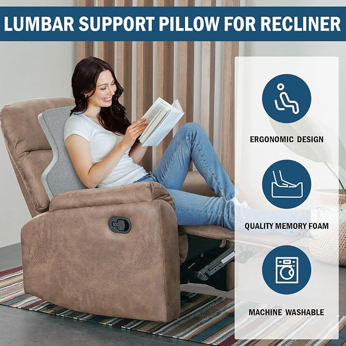 HOMBYS Ergonomic Lumbar Support Pillow for Recliner,Memory Foam Chair Back Support Cushion for Elderly,Extra Large Lumbar Support Pillow,Low Back Pain Relief Cushion,Grey - Image 4