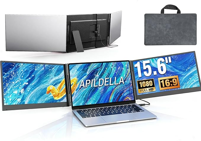 APILDELLA 15.6'' Triple Laptop Screen Extender One Cable Connection, 1080P FHD Laptop Extended Monitor Portable with Speaker, Ultra-Slim Travel Monitor for 13-17.3" Laptops, Work with Mac, Window by APILDELLA