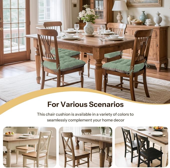 Chair Cushions for Dining Chairs Set of 4, 18"x18"x3", Sage Green | Non-Slip with Ties, Tufted, Faux Linen, Seat Cushions for Dining Room Kitchen Breakfast Nook Indoor Home Office Living Room - Image 5