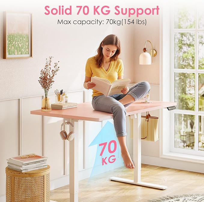 40" Pink Electric Standing Desk Height Adjustable for Home Office | 3 Memory Presets, Rear Cable Notch, Dual Side Hooks, Stand Up Desk for Bedroom, Study room, Home Office and Vanity Space - Image 5