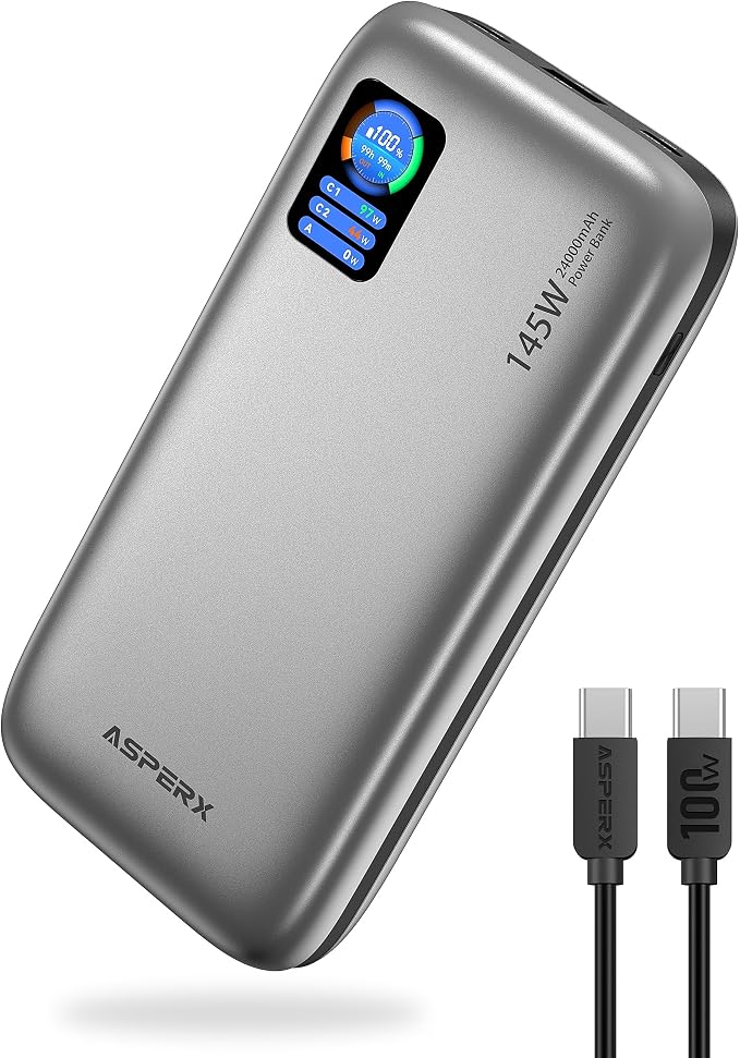AsperX Laptop Power Bank, 145W USB C PD 3.1 Fast Charging Portable Charger | TFT Display Portable Laptop Charger Battery Pack for MacBook/iPhone 16/Dell XPS/Galaxy S25/Steam Deck/ipad (Flight-Approved) by AsperX