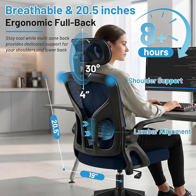 Office Chair Ergonomic Desk Chair with Adjustable Headrest Lumbar Support, High Back Breathable Mesh Chair with 120° Tilt & Flip-Up Armrests, Swivel Comfy Task Computer Chair for Work, Study - Image 4