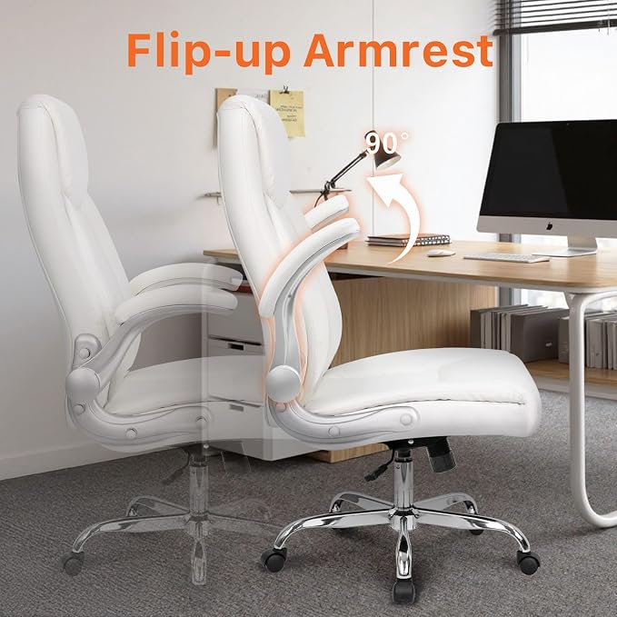NEO CHAIR Office Desk Chair, High Back PU Leather with Flip-up Arms, White | Ergonomic Tall Computer Desk Chair Comfy, Height Adjustable, Swivel Rolling Wheels for Office Home Gaming Study - Image 6