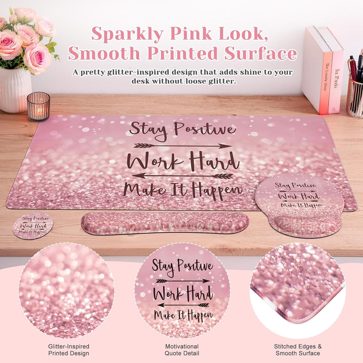 iCasso Pink Ergonomic Mouse Pad with Wrist Rests Set for Desk Accessories - Image 3