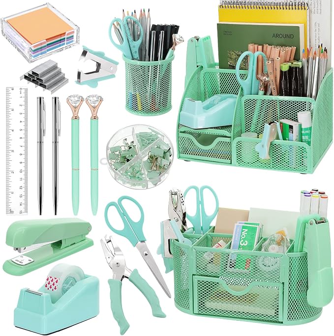 17 IN 1 Office Desk Organizer Set for Back to School Supplies Accessories | 3 Office Desk Storage Organization, 4 Pens, Stapler, Staples & Remover, Tape & Dispenser, Scissors, Ruler, Clips, Hole Punch by Froidesente