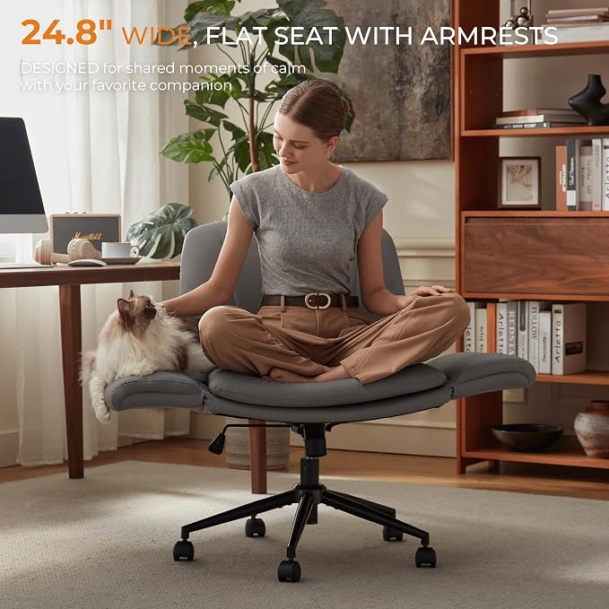 Dowinx Criss Cross Chair with Five-Level Adjustable Arms and Wheels - Comfortable Ergonomic PU Leather Swivel Vanity Chair - Computer Makeup Gaming Chair for Home Office,Bedroom,Vanity Room-Light Grey - Image 3