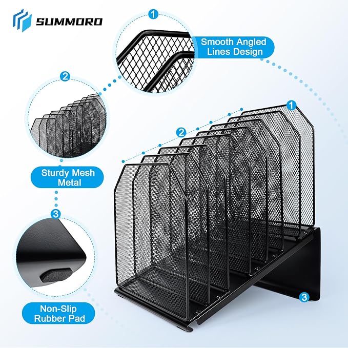 SUMMORO Inclined File Organizer for Desk, 7-Section Vertical File Holder | Office Desk Organizer Metal Rack File Folder, Wire Mesh Desktop Document Sorter, for Office School Classroom Home (Black) - Image 4