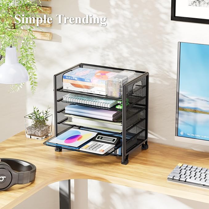 Simple Trending 6-Tier Paper Tray Organizer, File Organizer for Desk, Black | Letter Tray Holder with Handle. Sturdy Metal Frame. Non-slip Feet. Black for Office Home School. 13"L x 8.75"W x 14.6"H - Image 3