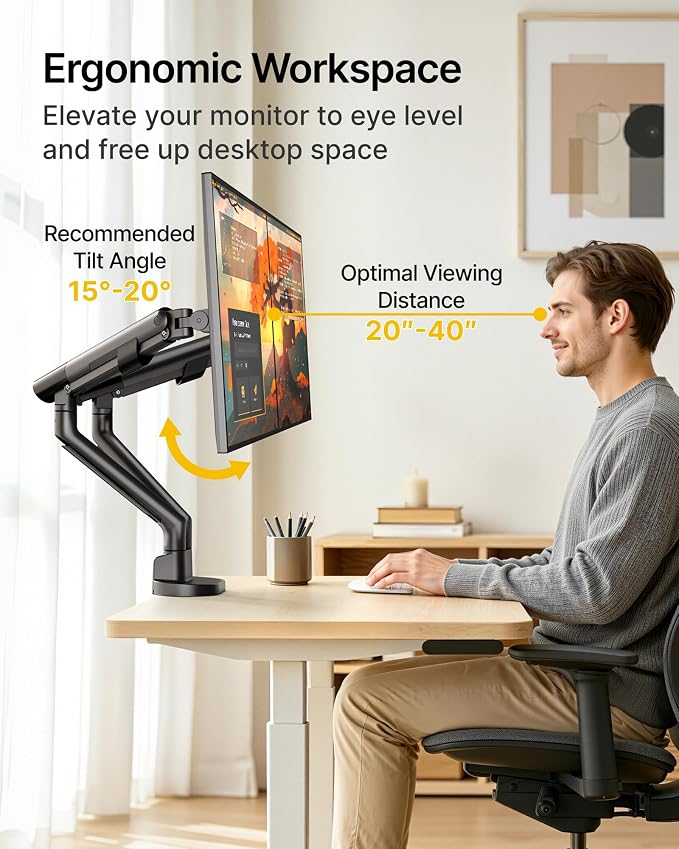 monTEK Aluminum Dual Monitor Arm for 17-35" Screens, 24.3 lbs Each, Black | Mechanical spring, tension indicator, full motion, VESA 75/100 compatibility, clamp/grommet bases and cable routing - Image 6