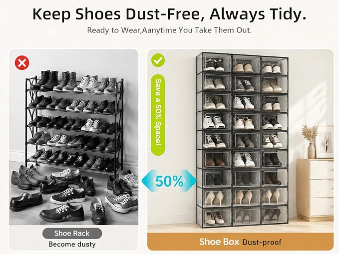 Kuject X-Large Shoe Storage Boxes 12 Pack, Clear Stackable Shoe Organizer | Shoe Case for Closet, Entryway & Under-Bed Storage, Drop-Front Design, Space-Saving Solution for Family Organization,Black - Image 5