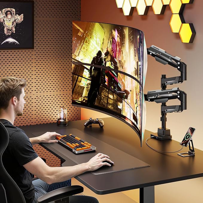 ARES WING Heavy Duty Dual Monitor Mount with USB for 24-57 Inch, Black | Adjustable Stacked Gas Spring Desk Mount for 2 Ultrawide Screens, VESA 75/100/200mm Mount - Image 9