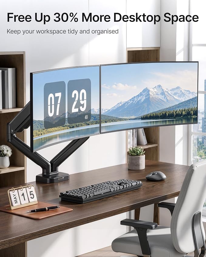 monTEK Dual Monitor Arm with USB Ports for 17-32" Screen up to 19.8 lbs | USB/audio ports for workspace, mechanical spring, full motion for flat/curved screens, clamp/grommet bases and VESA 75/100 - Image 8