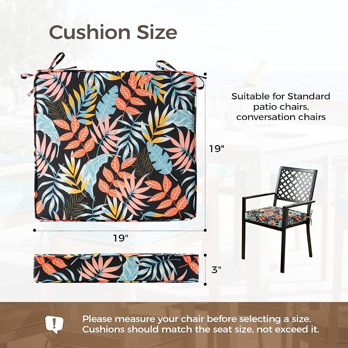 UNIKOME Outdoor Chair Cushions Set of 4, Water Resistant Patio Seat Cushions with Ties for Outdoor Furniture, High-Density Foam, UV & Fade Resistant, Piped Edge – 19" x 19" x 3", Colorful Leaves - Image 2