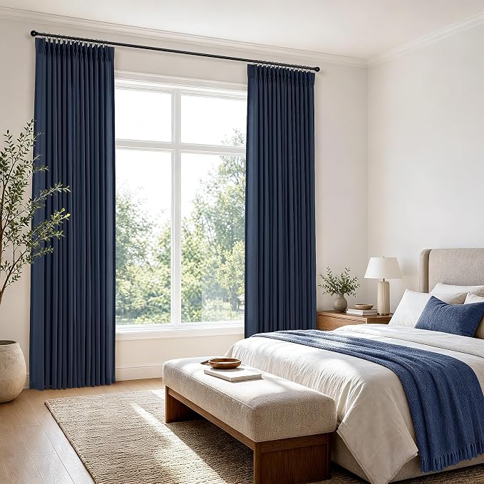 Hokibero Navy Blue Pleated Linen Curtains 90 Inch Long for Living Room | Light Filtering Sheer Curtain,Pinch Pleat Back Tab Hooks Rings,Farmhouse Textured Privacy Drapes for Bedroom Window,2 Panels - Image 7