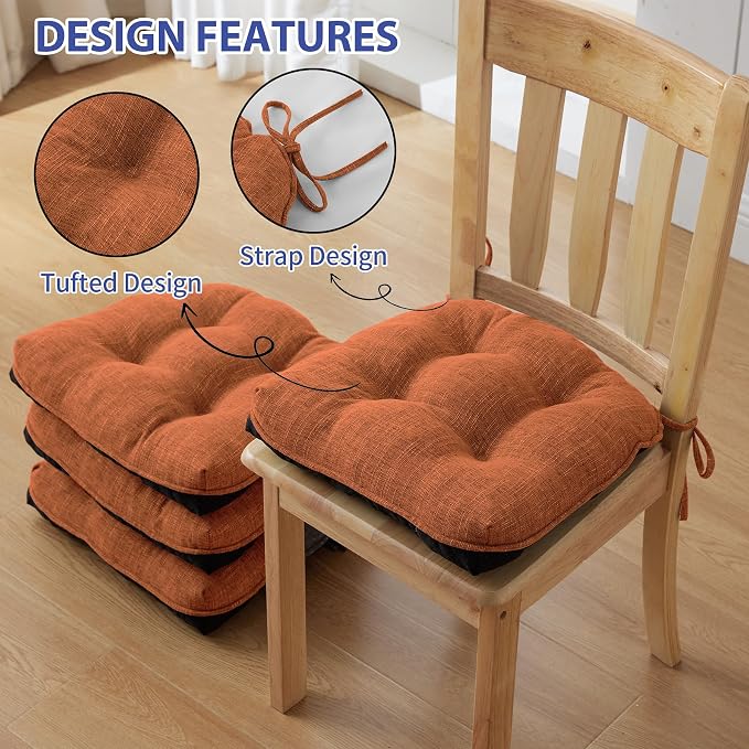 IPYNBAP Chair Cushions Set of 4, 15.5" x 15.5" x 4" Outdoor & Indoor Seat Cushions with Ties, Non Slip, Memory Foam Chair Pads for Dining, Kitchen, Office, Patio Furnitures, Orange - Image 4