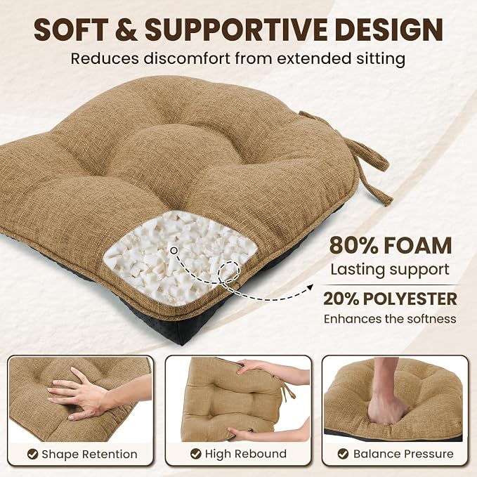 downluxe Indoor Chair Cushions for Dining Chairs, Tufted Overstuffed Textured Kitchen Chair Pads with Ties and Non-Slip Backing, 15.5" x 15.5" x 4", Taupe, 4 Pack - Image 3