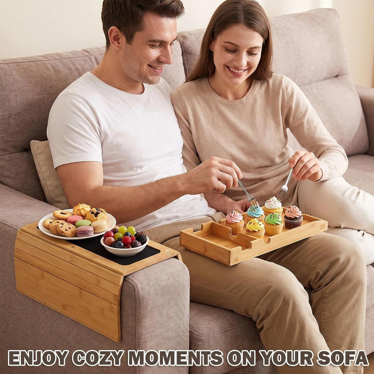 Magnetic Bamboo Couch Arm Tray with Cup Holder, Fits 6.3"+ Sofa Arms - Image 7