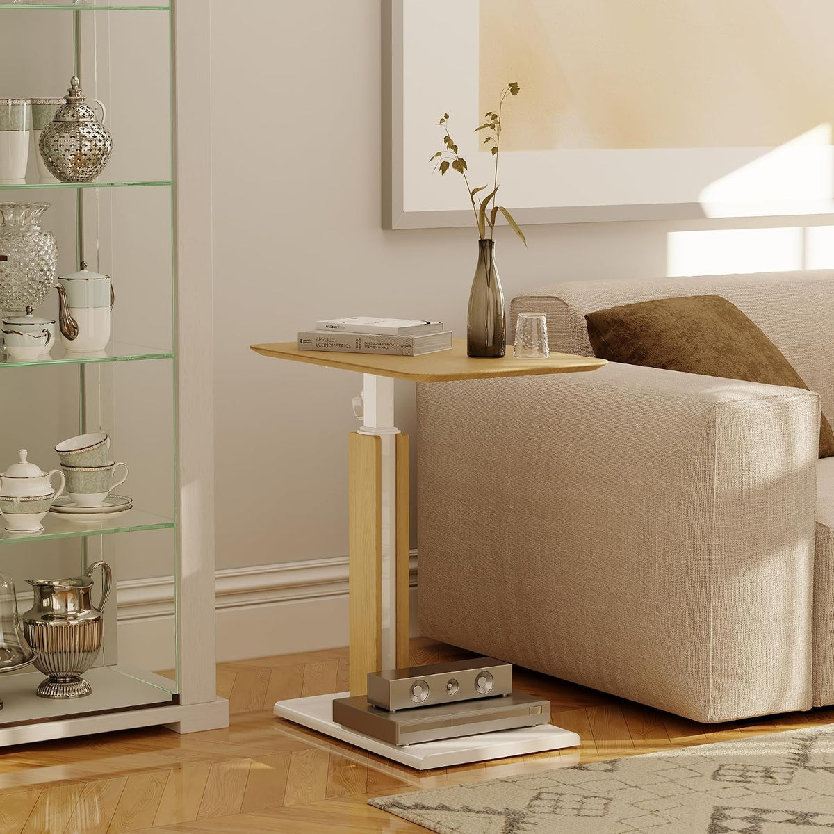 ETHU Overbed Table with Wheels, Height 26.4-39.8", 44lb Cap, Maple - Image 2