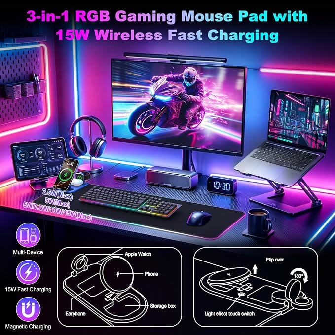 Wireless Charging RGB Gaming Mouse Pad with Foldable Phone Holder, Black | Charging Desk Mat, Large Desk Mat with Waterproof Surface, Ultra-Smooth Surface and Non-Slip Base for Gaming & Office - Image 2