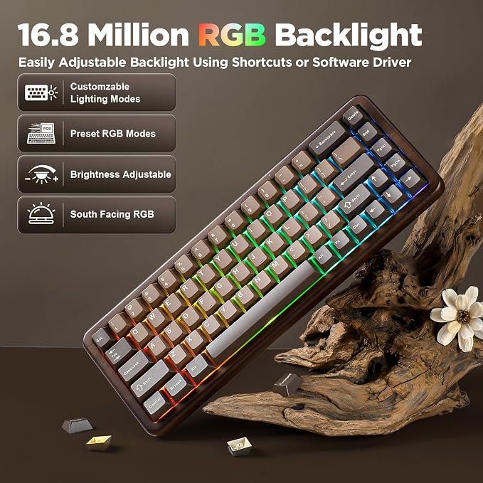 YUNZII WOOD68 65% Wireless Hot Swap RGB Mechanical Keyboard (Wood, Candy) | Tray Mount, Pre-lubed Linear Switche,BT/2.4G/USB-C,PBT Double-shot Keycaps,Wooden case for Retro Gamers & Desk Setups - Image 7