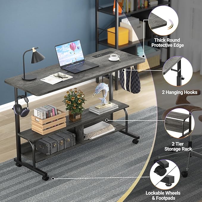47" Rolling Standing Desk with Charging Station for Couch Bed | Height Adjust 27.5-41", 2 AC/3 USB, Mobile 4 Lockable Wheels, 2-tier Shelves Hook, Safe Corner Fast Assembly - Image 5