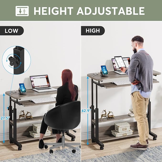 Tribesigns Portable Desk with Power Outlets, Height Adjustable Side Table Sofa Couch Bedside Laptop Computer Cart with USB Charging Ports, Mobile Small Standing Desk with Keyboard Tray - Image 6