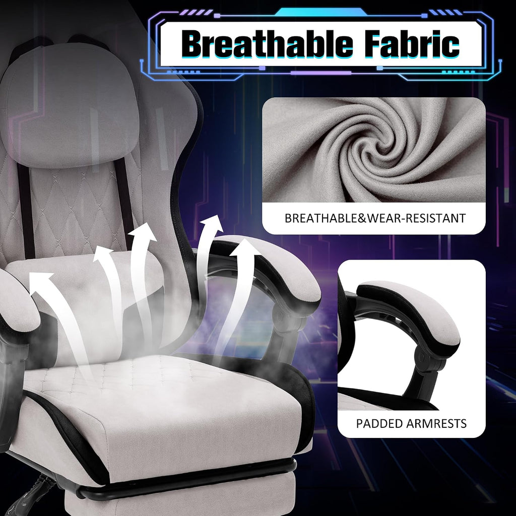 Gaming Chair with Footrest, Ergonomic Fabric Desk Chair, Grey - Image 5
