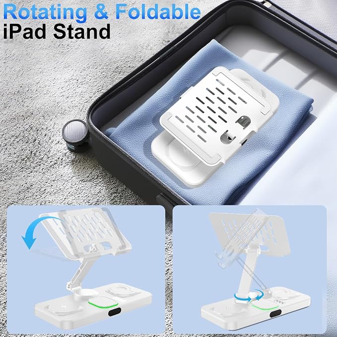 6 in 1 Wireless Charger for Apple Multiple Devices, Charging Station with Clock &7 Color Ambient Light, Foldable Rotate Stand for iPad, for iPhone17/16/15, Support for Apple Watch11/10 For AirPods4 - Image 6