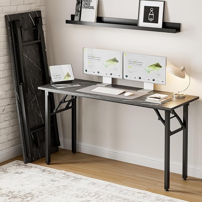 Small Folding Computer Desk – Portable 55.1 Inch Foldable Laptop Table, Collapsible and Compact for Easy and Fast Setup, Lightweight for Small Spaces, Home Craft and Study Use, Marble Greige by Frylr