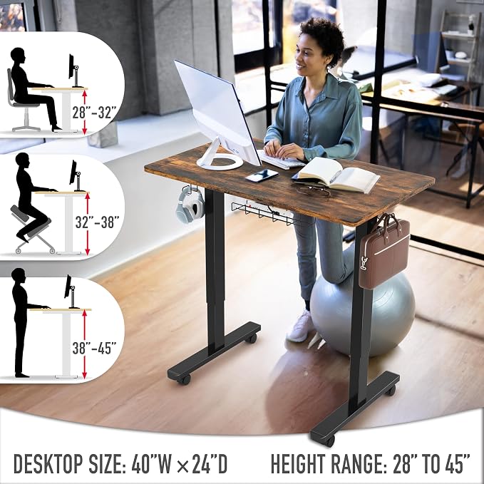 SHW Mobile Electric Height Adjustable Standing Desk w/Drawer, Rustic Brown | 40" Wide Top | w/ Memory Presets and Cable Management | Drawer with adjustable compartments | Hanging Hooks - Image 6