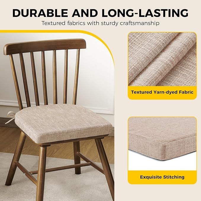 downluxe Indoor Chair Cushions for Dining Chairs, Kitchen Chair Pads with Ties and Non-Slip Backing, 16" x 16" x 2", Oatmeal Beige, 4 Pack - Image 6