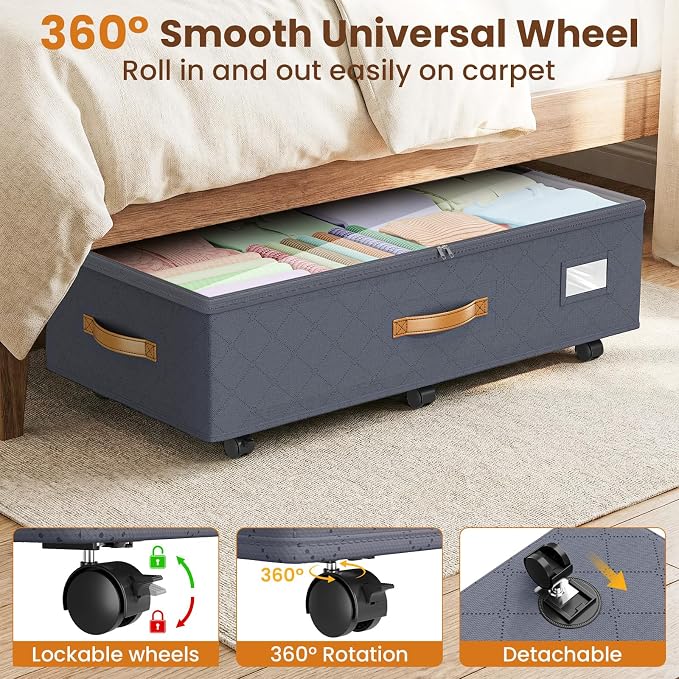 Budding Joy 80L 2 Pack Adjustable Under Bed Storage Containers with Wheels | Rolling shoe storage organizer with clear lids and label for dorm home clothes, blankets, toys, easy to install, grey - Image 3