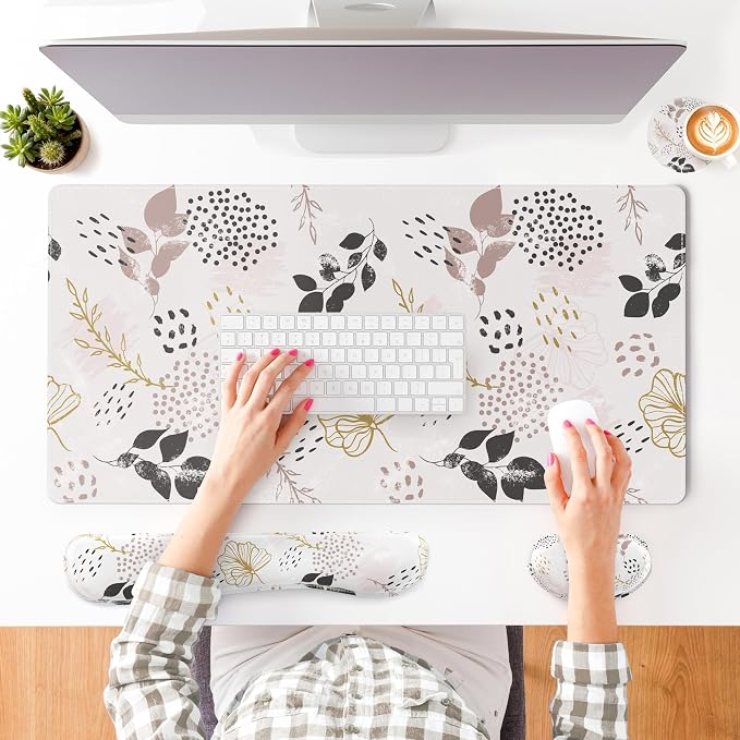 QIYI PU Leather Desk Mat Set, 4-in-1 Ergonomic Wrist Rest, Botanical Leaf | Waterproof Large Mouse Pad 31.5×15.7 + Keyboard Wrist Rest + Mouse Wrist Support+Coaster, Non-Slip Office Gaming Accessories - Image 8