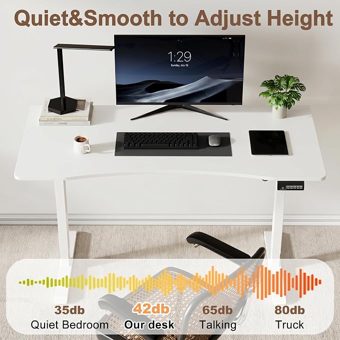 Solid Wood Electric Standing Desk, 55"x23.6" White Standing Desk | 1 BOX,Home Office Desk with 3 Stages Single Motor,Standing Desk White with T-Shaped Metal Bracket for Gaming - Image 4