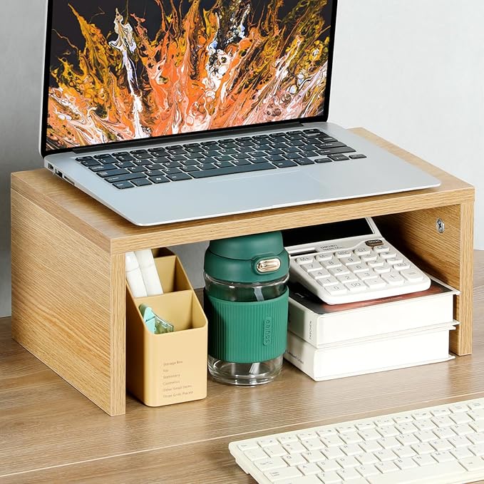 TEAMIX Higher Monitor Stand Riser, Wood Monitor Riser with Storage for Desk Small Monitor Stand TV/Screen/PC/Laptop Riser Computer Stand Desktop Shelf - Image 2