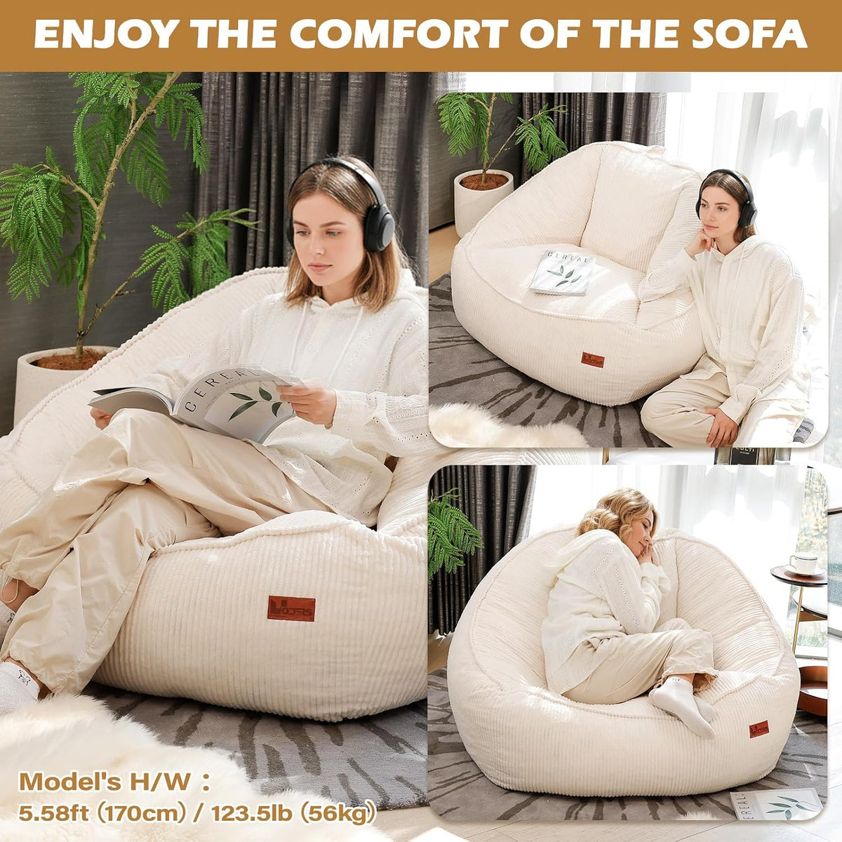 Giant Bean Bag Chair for Adults, Teens and Kids, Cozy Fluffy Corduroy Beanbag Chair with Filler, Large Floor Lounge Sofa for Living Room, Bedroom, Dorm, Gaming and Reading(L-Eggshell) - Image 4