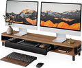 Fenge Dual Monitor Stand with Large Storage Drawer, 42.5" Dsek Shelf, Brown | Slide-Out Drawer with Soft Touch Leather, Ergonomic Monitor Riser, Aluminum leg, 2-Tier Desk Organizer for Laptop, TV, PC by Fenge