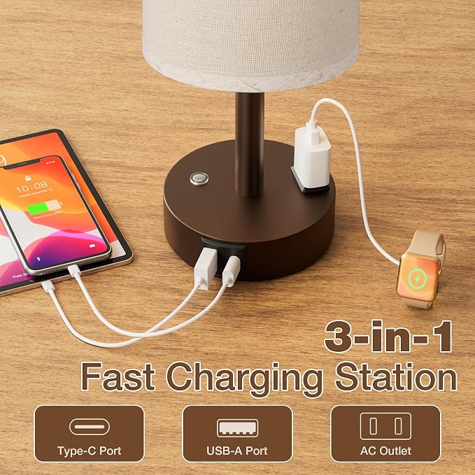 Brown Touch Bedside Lamp for Bedroom, Stepless Dimmable, USB A+C, AC Outlet | Base Touch Button Only, Memory Brightness, Ultra-dim Night Light, Included Bulb for Optimal Dimming, Beige Fabric Shade, Desk - Image 4