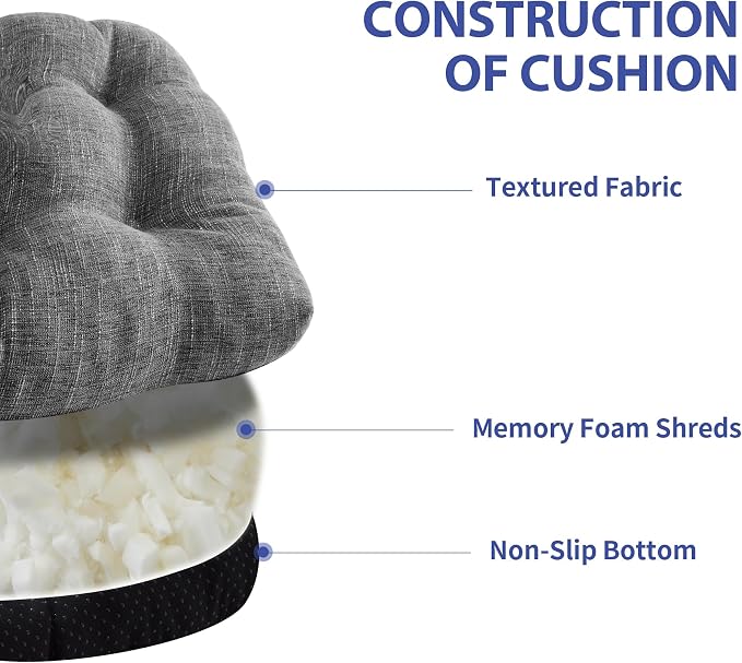IPYNBAP Chair Cushions for Dining Chairs Set of 4, Kitchen Chair Cushions, Chair Pads with Ties and Non Slip Backing, Tufted Memory Foam Seat Cushion 4 Pack, 18" x 18" x 4", Dark Gray - Image 3