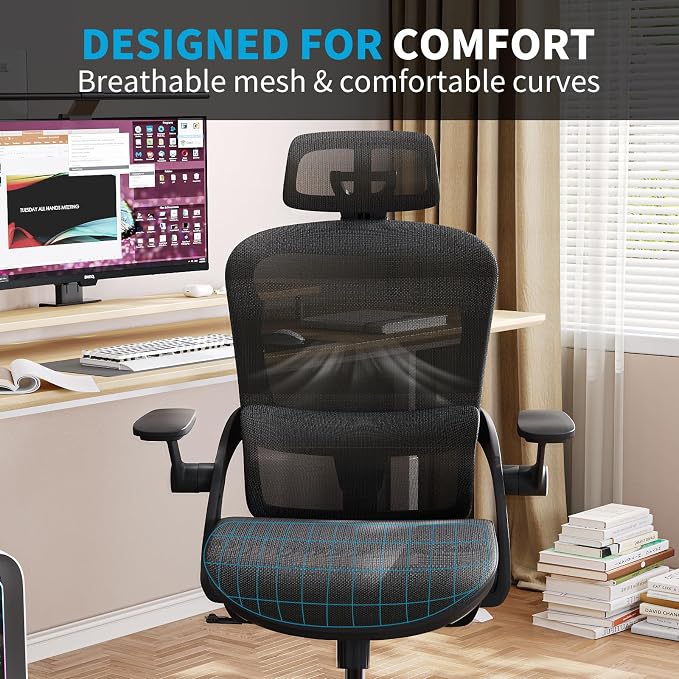 Office Chair Ergonomic Desk Chair with Lumbar Support&Headrest&Flip-up Arms Height Adjustable Rocking Swivel High Back Computer Chair Multi-Angle from 90° to 130° with 350LBS Capacity(04black) - Image 5