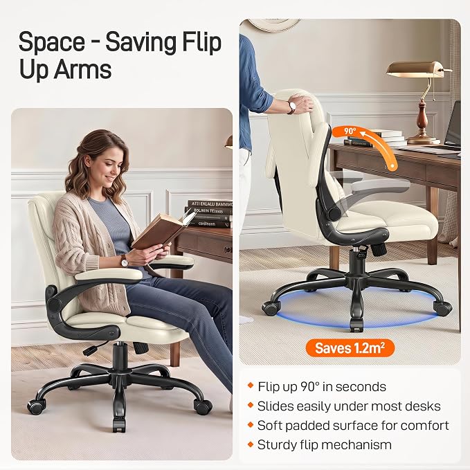 Office Chair, Executive Mid-Back Computer Desk Chair with Flip-up Armrests | 300 Lbs Ergonomic Leather Swivel PC Chair with Rock Function for Working Studying (Creamy White) - Image 4