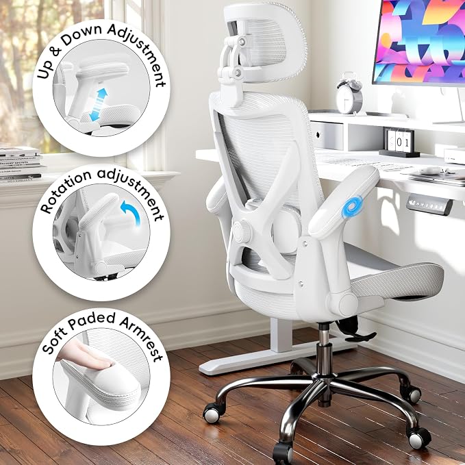 Ergonomic Office Chair:Home Office Desk Chairs with Headrest Lumbar Support | Ergalithic Ergonomic Desk Chair X-Shaped Mesh PU Leather Executive Computer Chair High Back Flip-Up Arms for Long Hour - Image 6