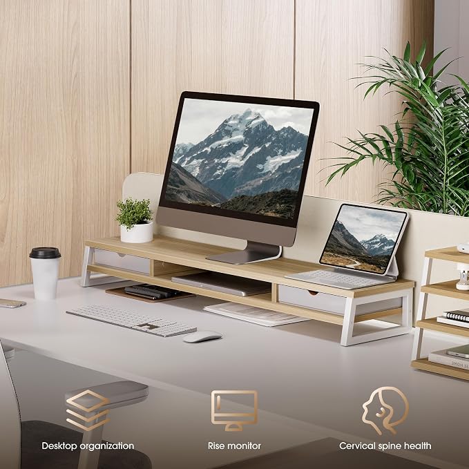 Fenge Dual Monitor Stand Riser, 42.5in Desk Shelf with 2 Drawers, Oak | 2-Tier Monitor Shelf for Desk, Storage Drawer with Stopper, Frosted, fit Home Office, Ultrawide Screen, PC, Laptop, TV - Image 7