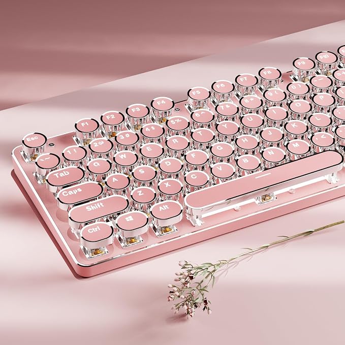 TK950 Typewriter Wireless Mechanical Keyboard, Aesthetic Tri-Mode Bluetooth/2.4G/Wired Retro Punk Typewriter Keyboard with White Backlit, Blue Switch, Round Keycaps for Laptop/Mac/iPad/Win, Pink - Image 9