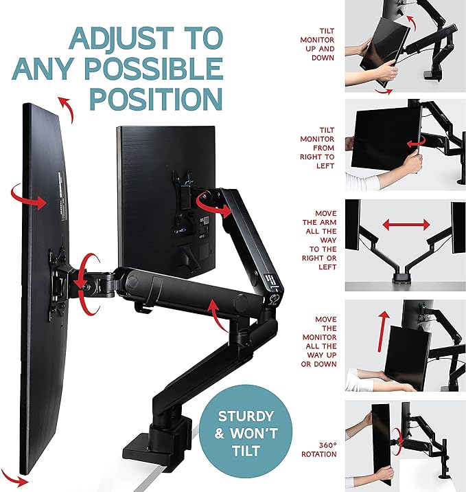 Heavy-Duty Dual Monitor Arm Desk Mount for up to 35" Screens, Black | Dual Monitor Stand - Full Adjustable VESA Mount, Compatible with C Clamp, Grommet Mounting Base, Holds 26.4lbs per Arm - Image 4