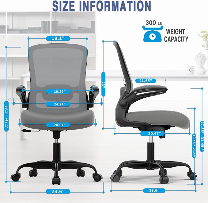 Mimoglad Ergonomic Office Chair - Desk Chair with Flip-up Armrests & 135° Recline, Adjustable Lumbar Support - Space-Saving Task Chair for Business/Team Office & Home | Supports 300 lbs · Seat 19.48"–23.4" · Breathable mesh · 20–30 min assembly · 5-yea... - Image 2